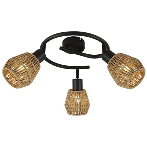 Plafón de techo "Krabi" de tres luces (3xE14) IP20 Ø50x12,8cm fabricada en metal y ratán color negro y beige