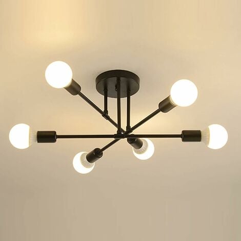 GOECO Plafón LED Moderno, Lámpara de Araña Retro de 6 Luces con Base E27, Lámpara Colgante de Estilo Vintage en Metal para Salón, Habitación, Cocina, Pasillo, Loft, Bar, Café, Negro (Sin bombillas)