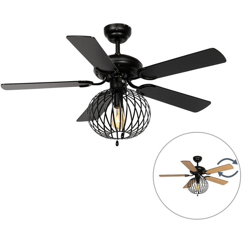 Qazqa Deckenventilator Schwarz Mit Holzaufdruck 107, 5 Cm Mit Zugschalter - Mistral Johanna