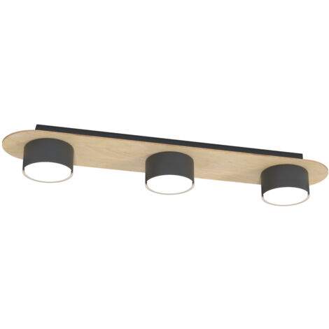 Plafoniera 3 Luci Diaz In Acciaio Nero E Legno Naturale Diffusore A Cilindro