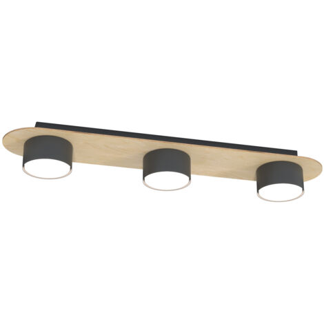 Plafoniera 3 Luci Freya In Acciaio Nero E Legno Naturale Diffusore A Cilindro