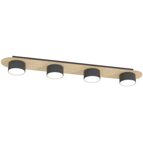 Plafoniera 4 Luci Diaz In Acciaio Nero E Legno Naturale Diffusore A Cilindro