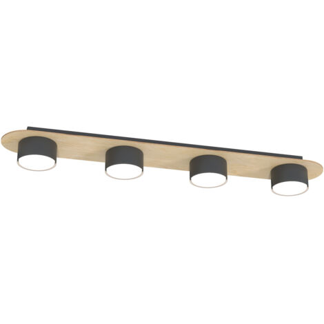 Plafoniera 4 Luci Freya In Acciaio Nero E Legno Naturale Diffusore A Cilindro