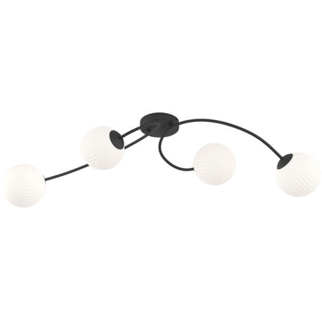 Plafoniera 4 Luci Loki In Acciaio Nero E Vetro Rigato A Sfera Bianco