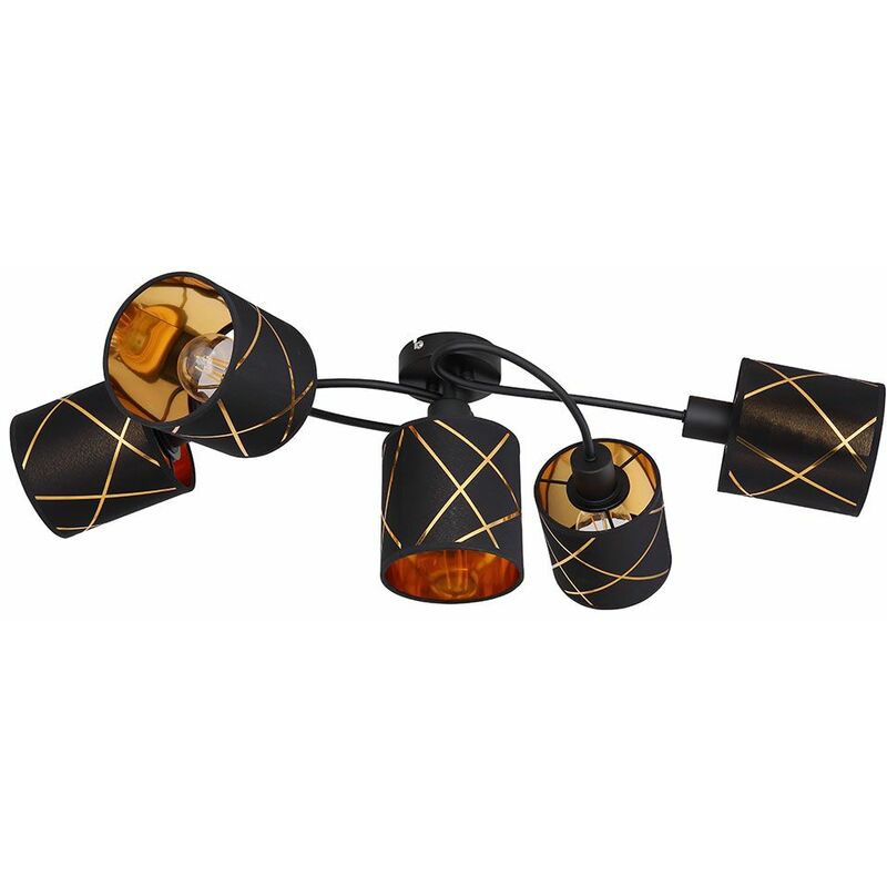 Image of Plafoniera 5 fiamme, faretto a soffitto nero oro, punzonature decorative, 5 ombrelli E27 in tessuto, l 79 cm, soggiorno camera da letto