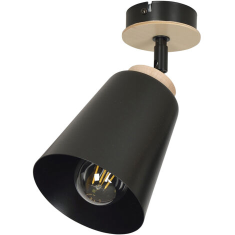 Plafoniera A Faretto Spot 1 Luce In Acciaio Nero E Legno Naturale