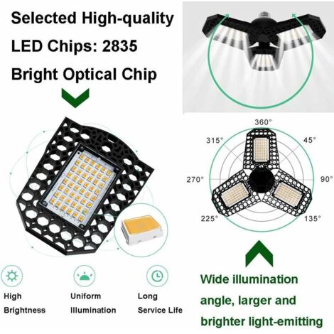 Plafoniera a LED da 40W per garage, modello E27 deformabile con 3 pannelli regolabili, super luminosa 3000LM bianco freddo, ideale per garage, officina, magazzino, cantina, corridoio, palestra.