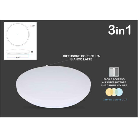 Plafoniera A Led Da Soffitto CCT Rotondo 36W D480mm Cambia Colore 3 in 1 3000K 4000K 6400K SKU-217609