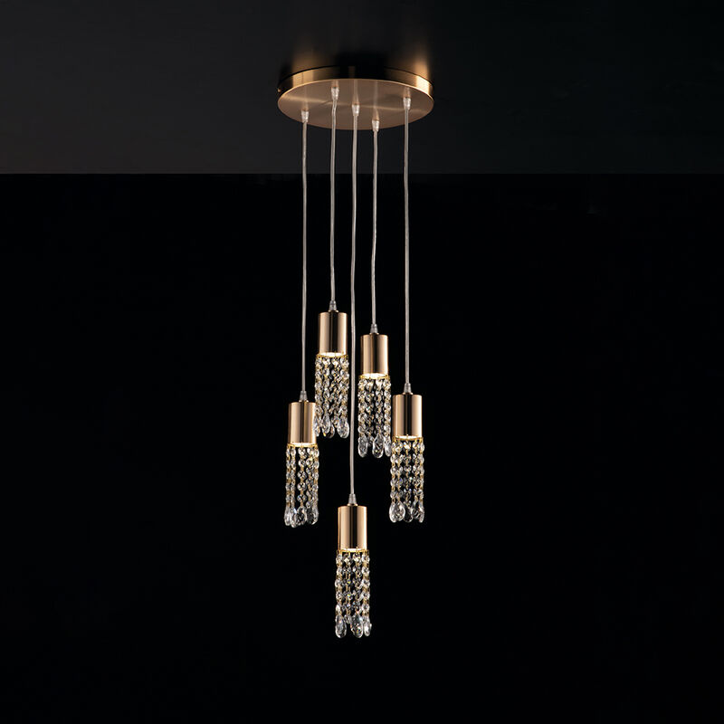 Image of Plafoniera GU10 Led Design Moderno Oro Satinato Con Strass Cristallo 5 Luci Teo - Oro|Trasparente