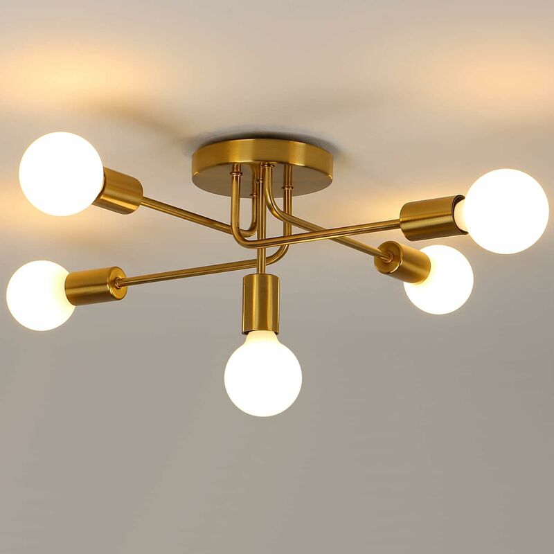 Image of Lampadario a soffitto industriale, illuminazione a soffitto E27 a 5 luci in metallo, luce del soffitto dorato, lampada a soffitto retrò per soggiorno