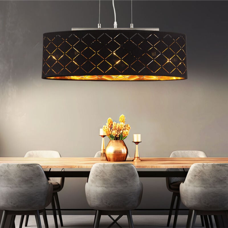 Image of Plafoniera a sospensione lampada a sospensione tavolo da pranzo soggiorno lampada a soffitto 3 punzonature di fiamma, metallo tessile nero oro, 3x