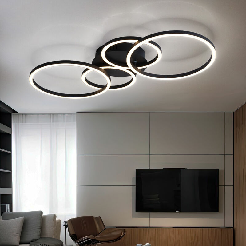 Image of Plafoniera ad anello lampada da soffitto per interni design a quattro anelli, nero opale opaco, metallo, led, LxLxA: 65,5x40,6x7,5 cm