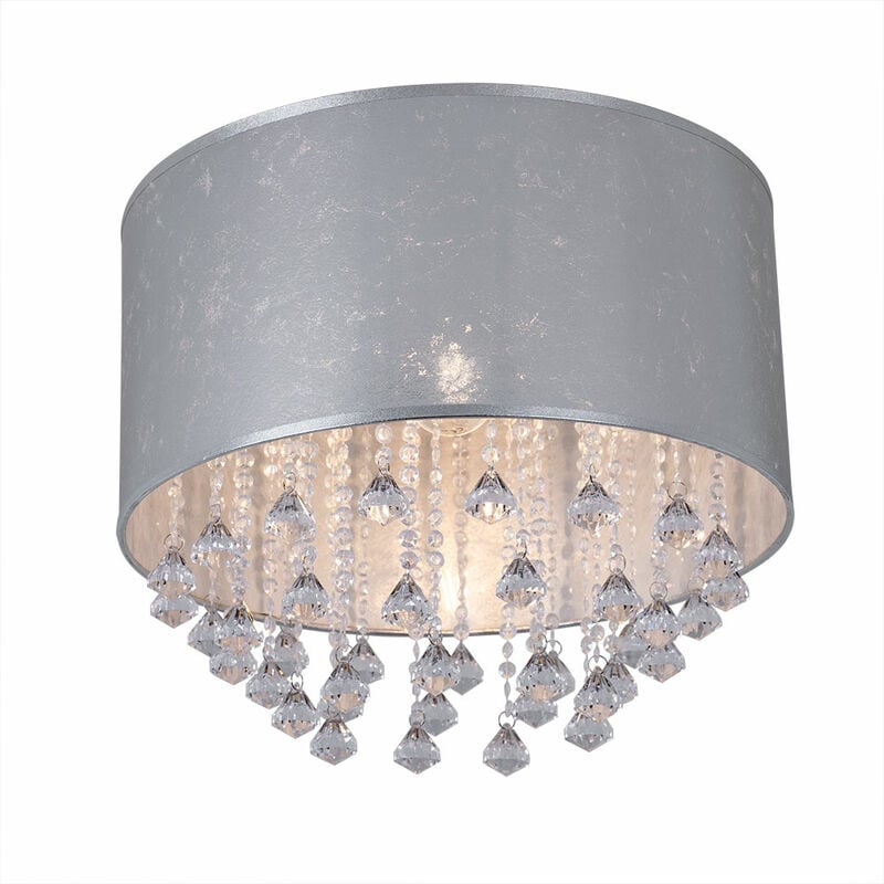Image of Etc-shop - Plafoniera argento lampada soggiorno plafoniera sala da pranzo, tessuto in ottica foglia argento con cristalli, 1x E27, DxH 40 x 38 cm