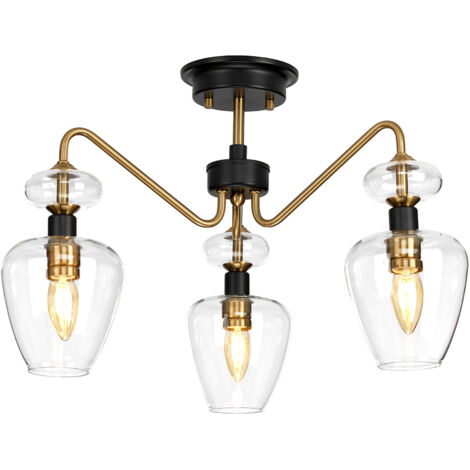 Plafoniera Armand Acciaio Ottone Antico Nero Carbone Vetro Nero 3 Luci E14