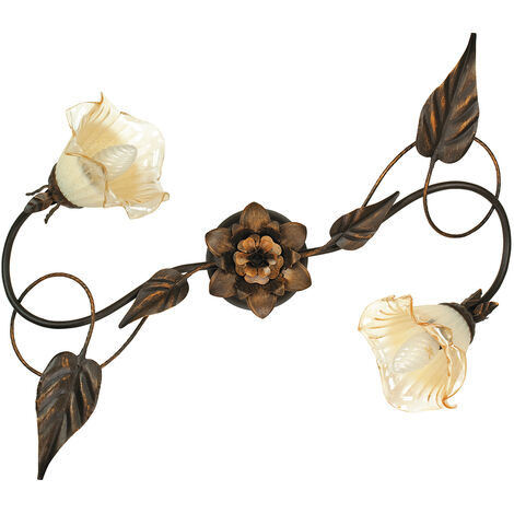 FAN EUROPE Plafoniera AUTUNNO in metallo marrone con decori a foglia e due diffusori in vetro