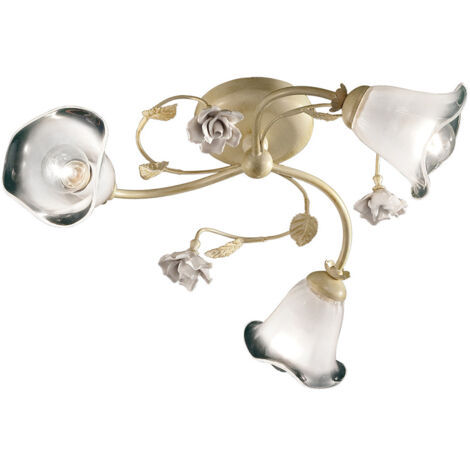 Plafoniera Classica Siena Metallo E Ceramica Bianco Sfumato Oro 3 Luci E14