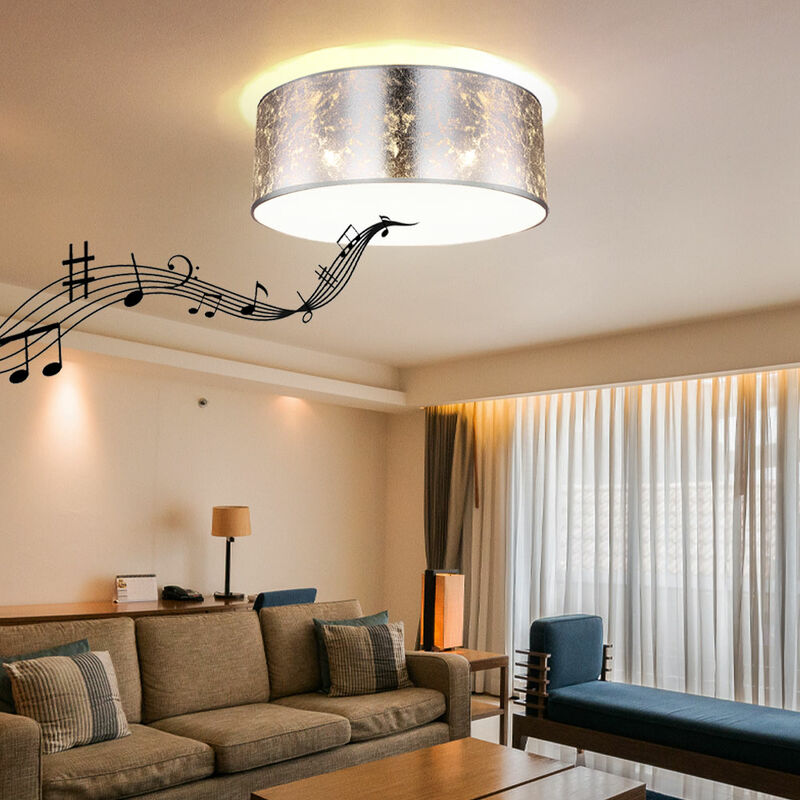 Image of Plafoniera con altoparlante bluetooth 40 cm lampada da camera argento Plafoniera soggiorno, design foglia argento, 3x E27, h 17,5 cm