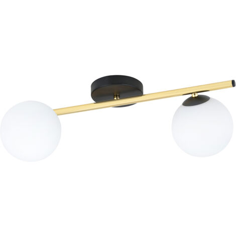 Plafoniera Contemporanea 2 Luci Eracle In Acciaio Oro/Nero E Sfere Vetro Bianco