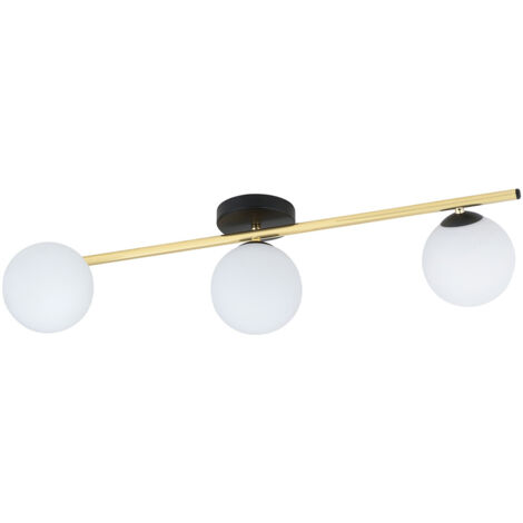 Plafoniera Contemporanea 3 Luci Eracle In Acciaio Oro/Nero E Sfere Vetro Bianco