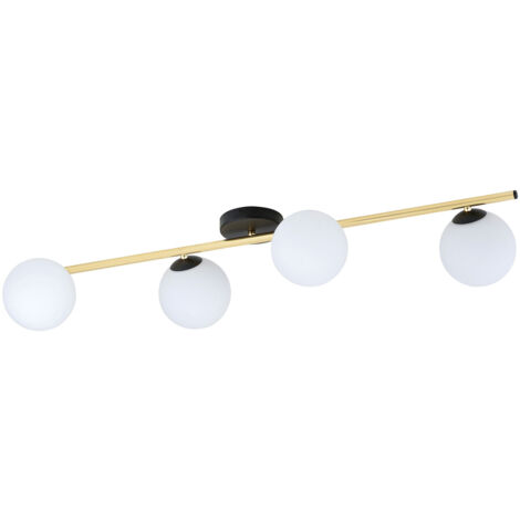 Plafoniera Contemporanea 4 Luci Eracle In Acciaio Oro/Nero E Sfere Vetro Bianco