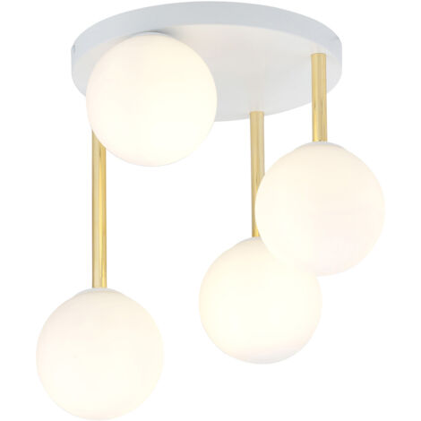 Plafoniera Contemporanea 4 Luci Teseo In Acciaio Bianco Oro E Sfere Vetro Bianco