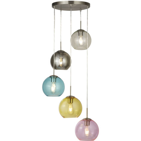Plafoniera Contemporanea Acciaio Argento Vetro Multicolor 5 Luci E27