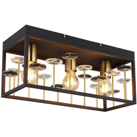 Plafoniera cristalli sala da pranzo lampada da soffitto design 3 fiamme, metallo nero oro, 3x attacco E27, LxLxH 45x18x20 cm