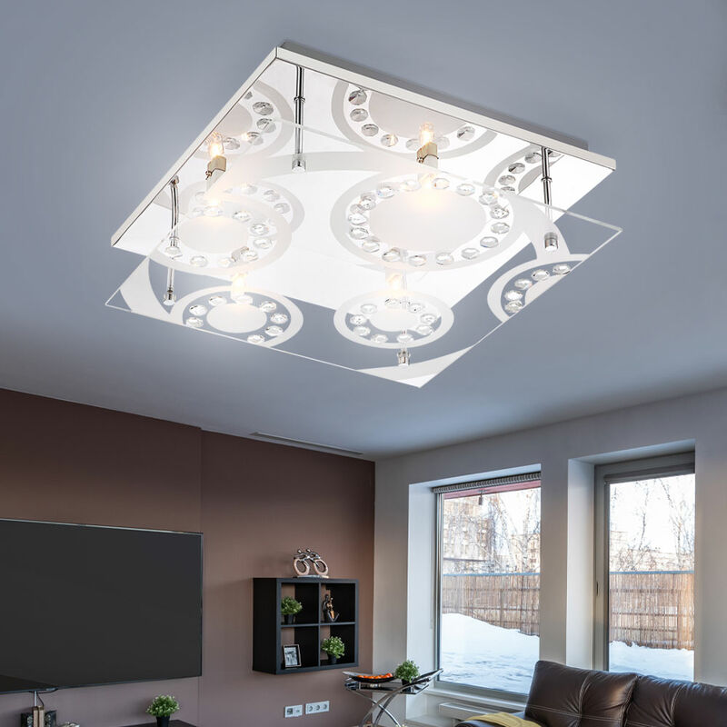 Image of Etc-shop - Plafoniera in cristallo lampada da soffitto in vetro, soggiorno, decoro in cristallo 4 fiamme, vetro cromato, cristalli K5, 4x G9, LxLxH