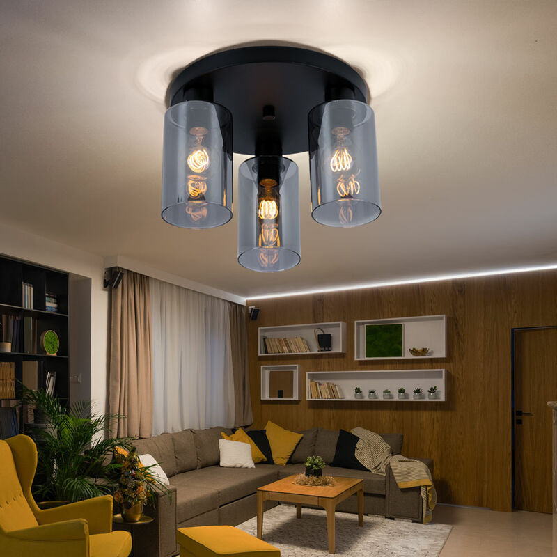 Image of Plafoniera design lampada in vetro lampada soggiorno, moderna 3 fiamme, plafoniera in nero, paralume in vetro metallo, attacco 3x E27, DxH 34x22 cm