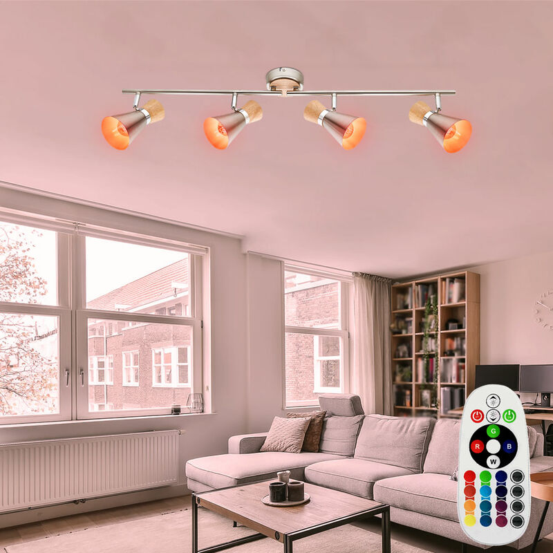 Image of Lampada da soffitto dimmer telecomando luce spot in legno regolabile in un set con sorgente luminosa a led rgb