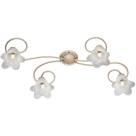 Plafoniera fiori in ferro Avorio Oro quattro luci paralumi 87x40x h17 cm