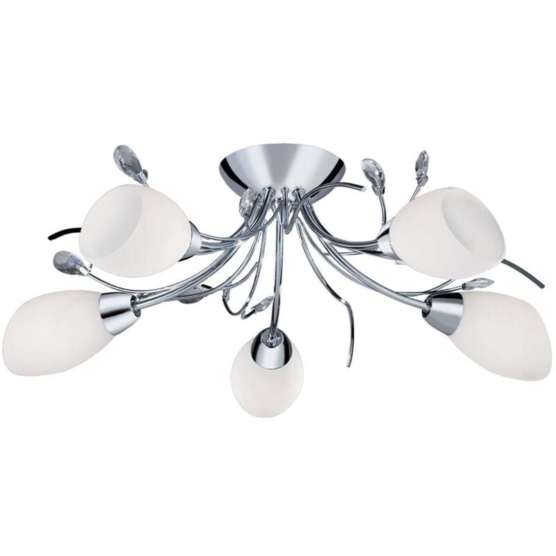 Searchlight - Gardenia - Soffitto multibraccio a 5 luci semincasso chiaro cromato, cristallo e vetro opalino, attacco E14