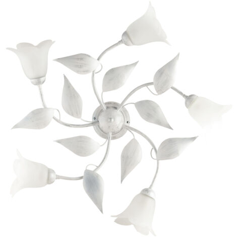 Plafoniera in ferro Bianco Argento cinque luci vetri Alabastro Bianchi 70x h20 cm