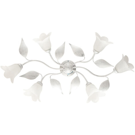 Plafoniera in ferro Bianco Argento sei luci vetri Alabastro Bianchi 95x52x h20 cm