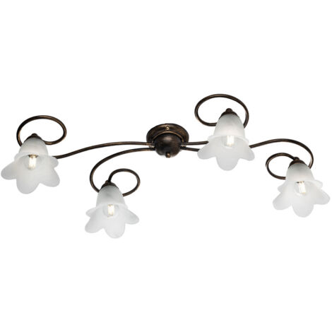 Plafoniera in ferro Marrone Oro quattro luci paralumi in vetro Bianco 87x40x h17 cm