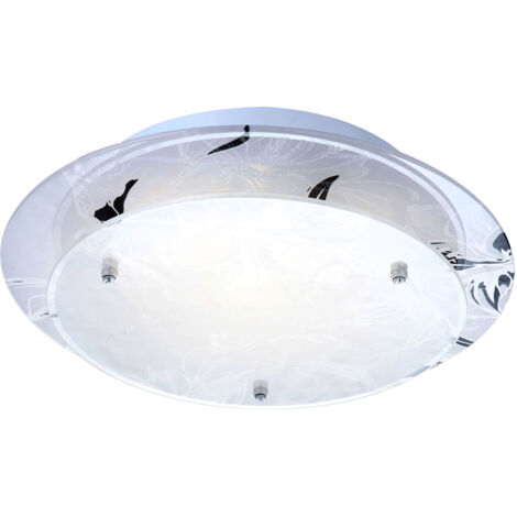 Plafoniera in vetro, lampada da soffitto rotonda E27, lampada da cucina, lampada da soggiorno moderna, cromo, decoro floreale bianco, PxH 25x9,5 cm
