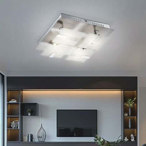Plafoniera in vetro moderna da soggiorno, plafoniera cromata, parzialmente satinata, metallo, 4x LED 4,5W 382Lm bianco caldo, LxLxH 30x30x9 cm