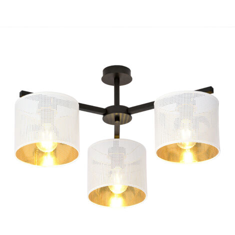 Plafoniera Industrial 3 Luci Cigno In Acciaio Bianco E Paralumi A Cilindro Oro
