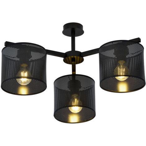 Plafoniera Industrial 3 Luci Cigno In Acciaio Nero E Paralumi A Cilindro