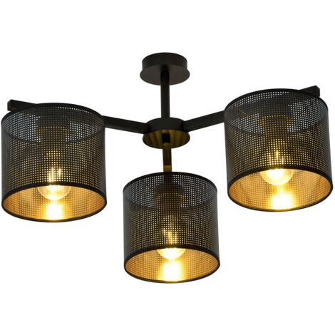 Plafoniera Industrial 3 Luci Cigno In Acciaio Nero E Paralumi A Cilindro Oro