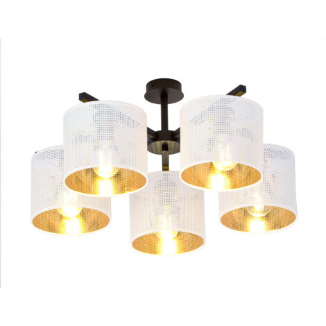 Plafoniera Industrial 5 Luci Cigno In Acciaio Bianco E Paralumi A Cilindro Oro