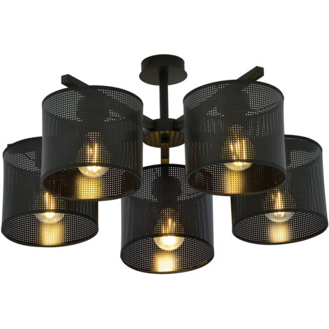 Plafoniera Industrial 5 Luci Cigno In Acciaio Nero E Paralumi A Cilindro