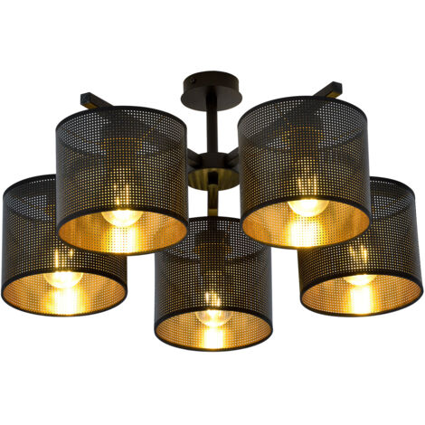 Plafoniera Industrial 5 Luci Cigno In Acciaio Nero E Paralumi A Cilindro Oro