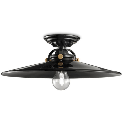 Plafoniera Industrial Minimal B&W Metallo Smaltato Nero 1 Luce E27 42Cm