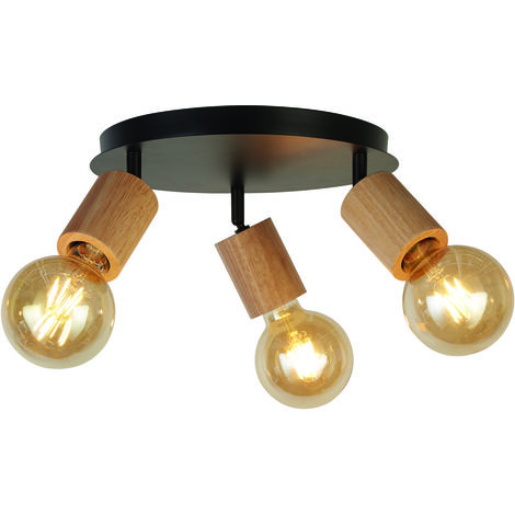 Plafoniera Industrial-Nordico Spinoso Acciaio Nero Legno Marrone 3 Luci E27