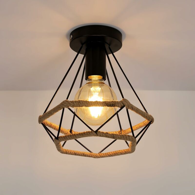 Image of Plafoniera industriale Retro Industrial Pendant Lighting Ceiling Lamp Metal Cage Vintage Light E27 Lampshade Hemp Rope for Room Café Bar Restaurant