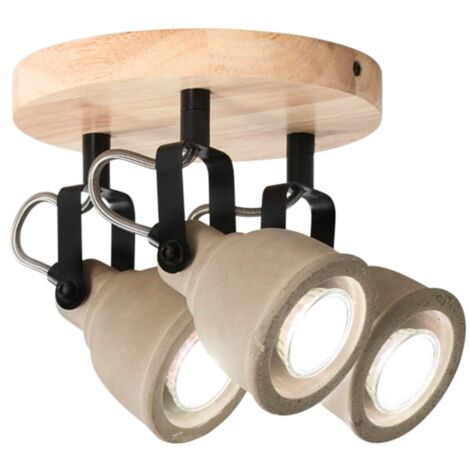 "Plafoniera KISA con base in legno e tre diffusori in cemento naturale"