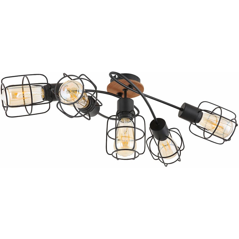 Image of Plafoniera lampada da soffitto faretto faretto sala da pranzo lampada da soggiorno, metallo nero legno marrone, 5 lampadine E27, design a gabbia, h