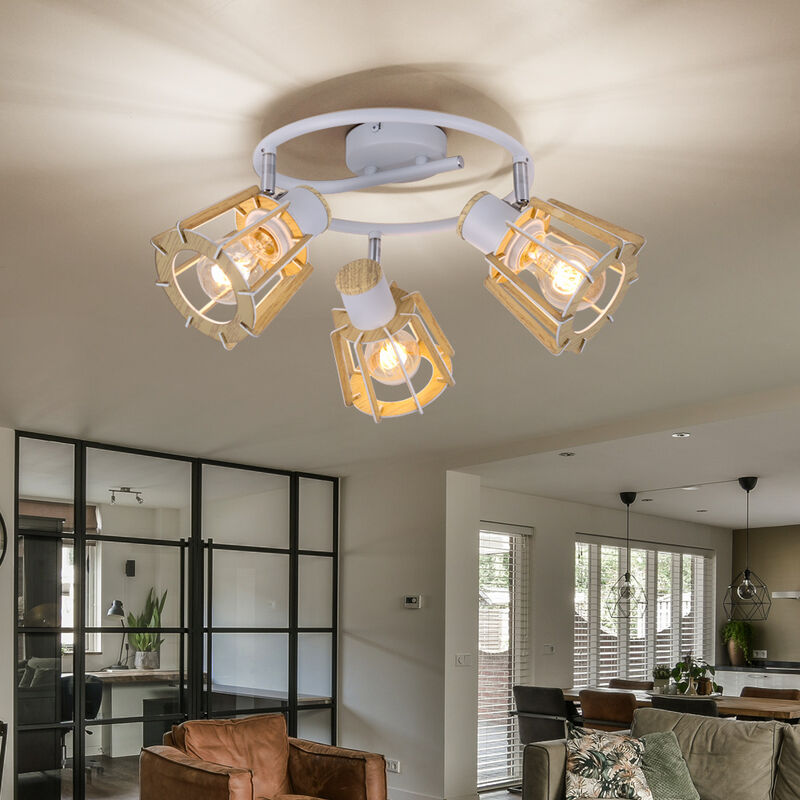 Image of Globo - Plafoniera lampada da soffitto in legno lampada da soggiorno lampada da camera da letto lampada da corridoio, metallo, 3 luci faretti mobili