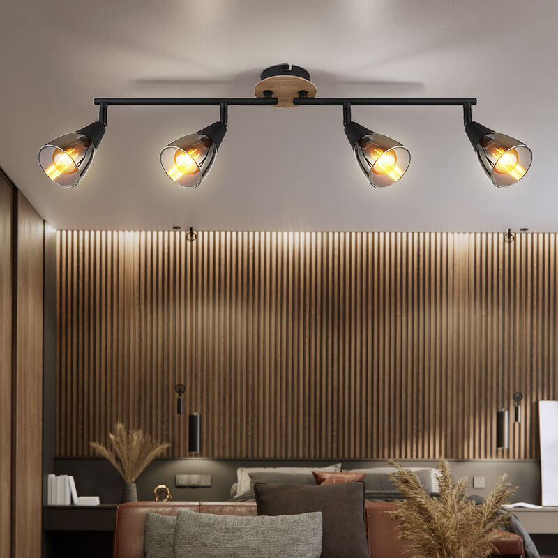 Image of Globo - Plafoniera lampada da soffitto lampada da soggiorno lampada da sala da pranzo lampada da camera da letto, metallo nero legno marrone vetro
